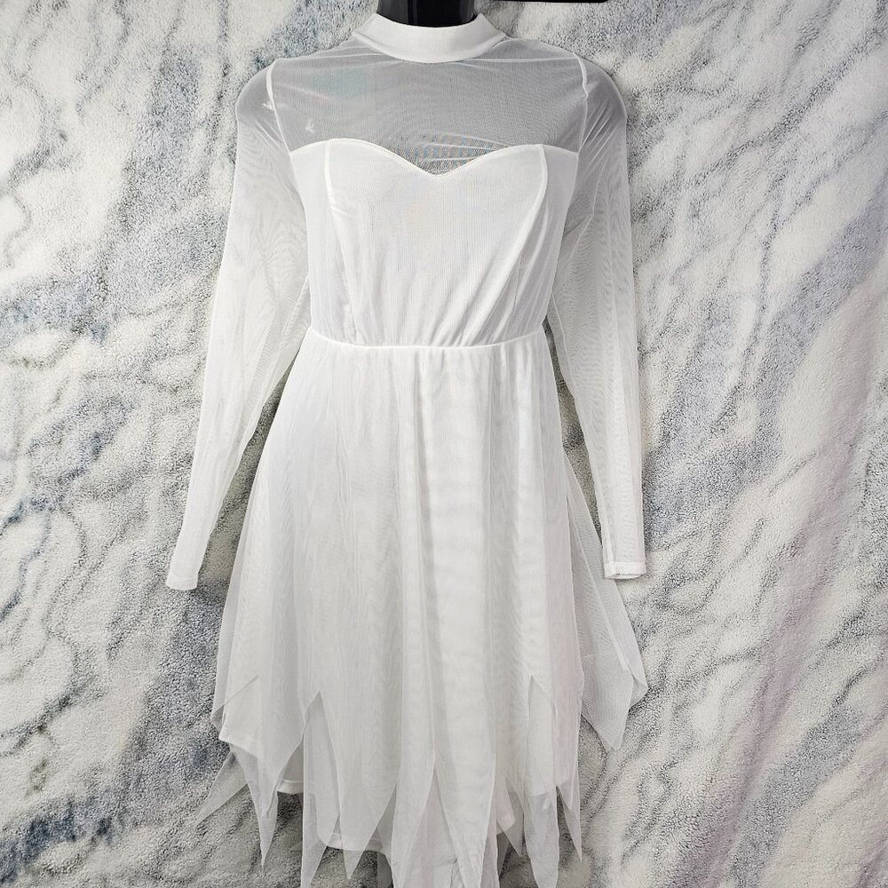 Torrid 1 1X 14-16 White Mesh Long Sleeve Mock Neck Mini Dress Handkerchief Hem